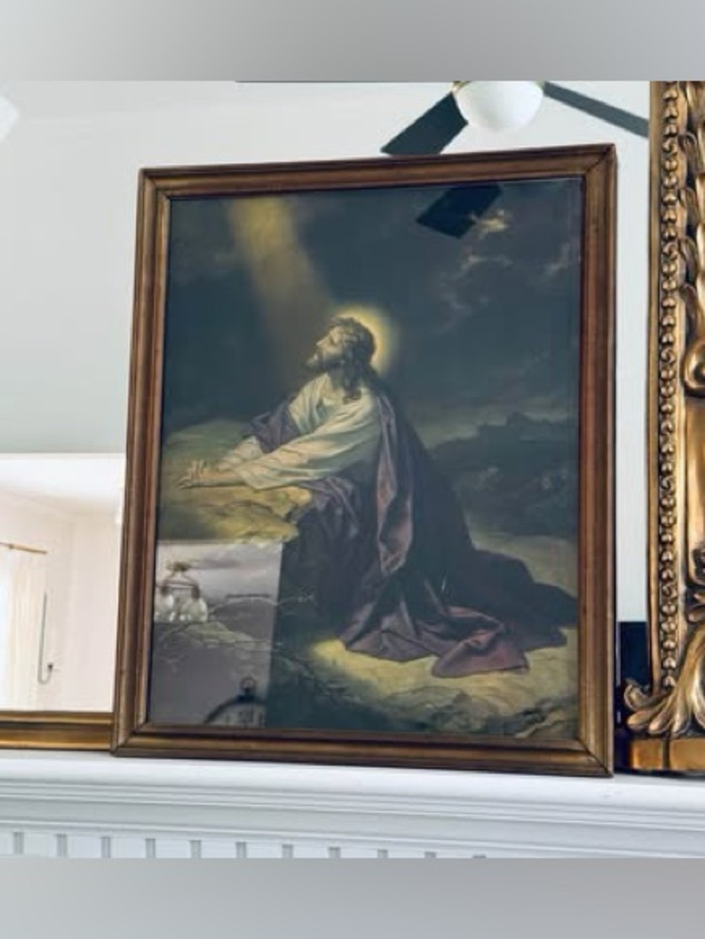 Vintage Jesus in the Garden of Gethsemane. beautiful frame and print. 1940's.